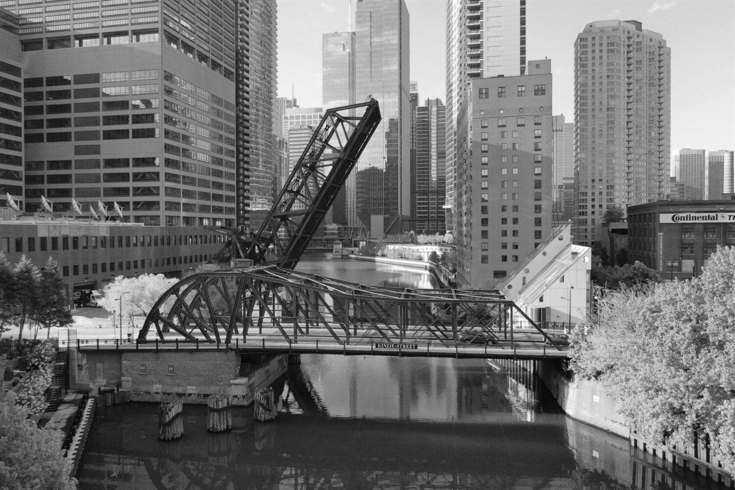 South-facing view of the Kinzie Street Bridge on the Chicago River (B&W)